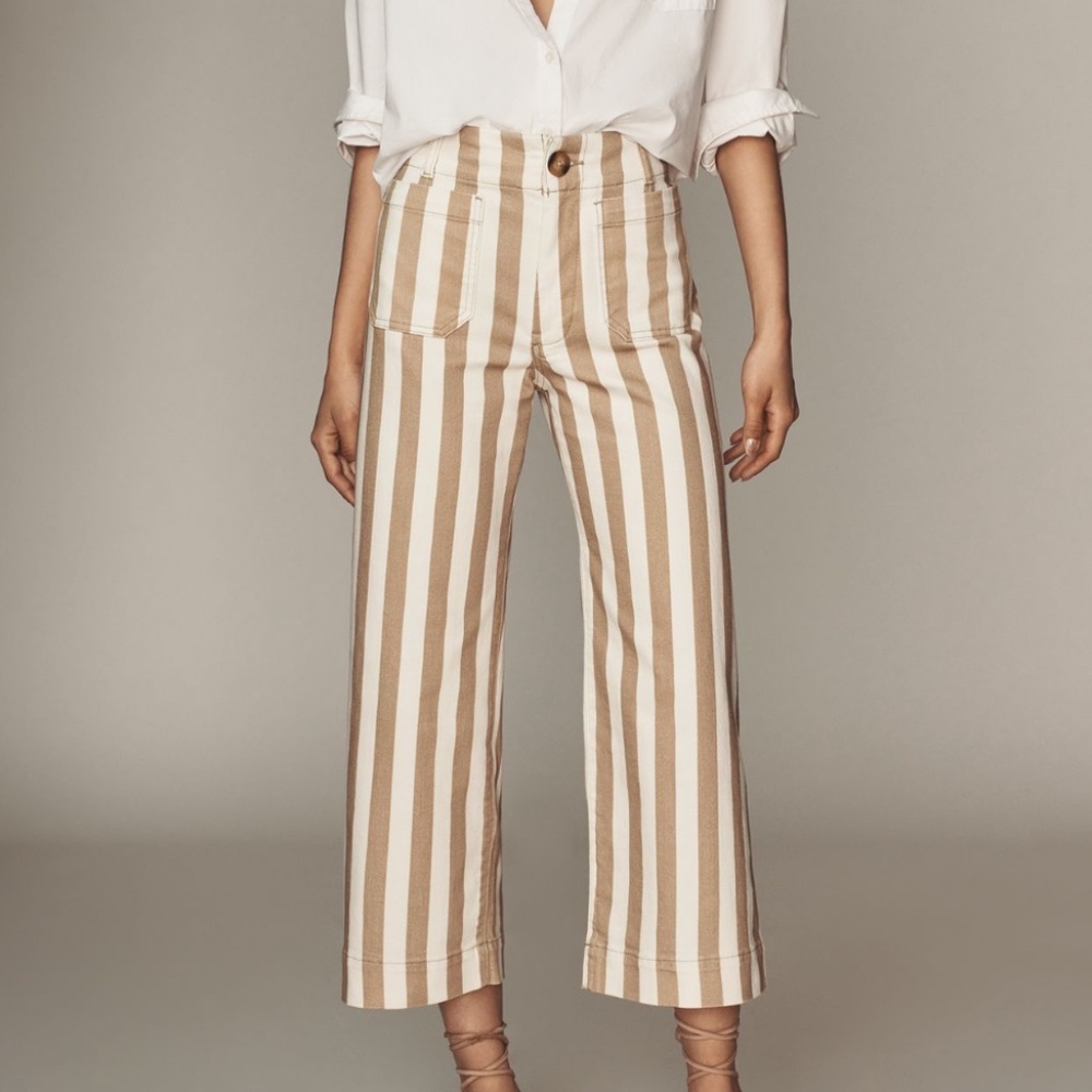 โThe Coletteโ Tan & White High-Rise Striped Cropped Wide-Leg Jeans (26)